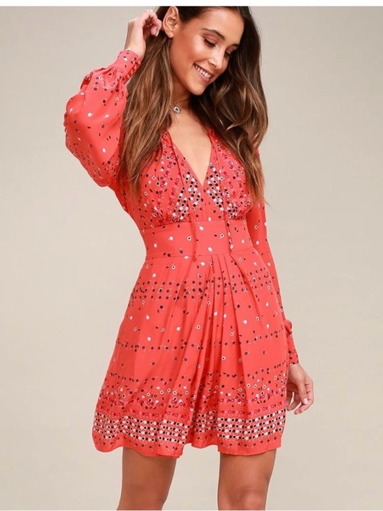 Free People Dresses & Skirts - FREE PEOPLE Coryn Cutout Back Mini Dress Coral Pleated Long Sleeve Size 4 Boho